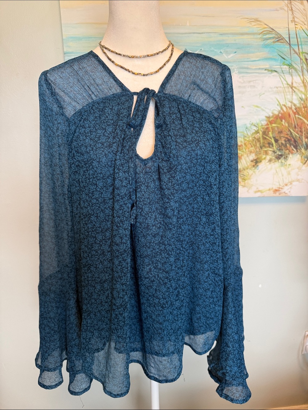 Hollister Teal Sheer Tie-Neck Floral Blouse